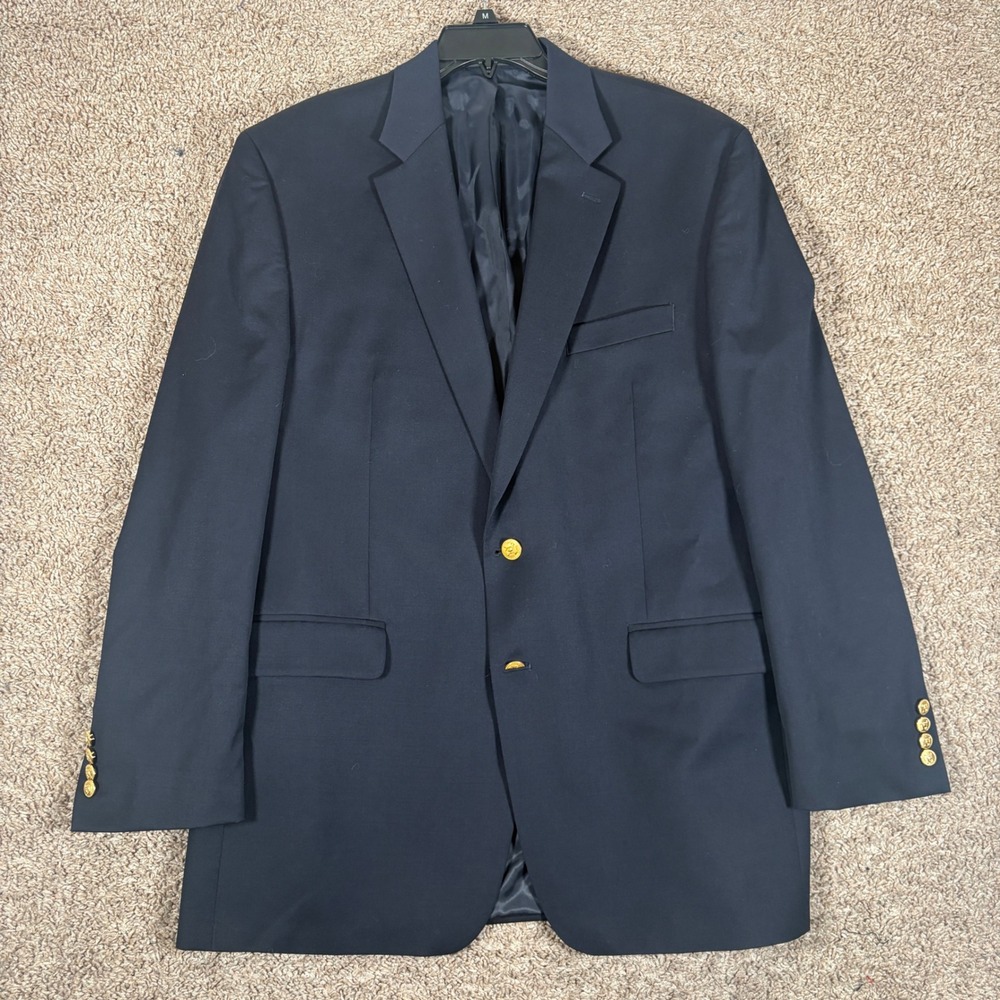Lauren Ralph Lauren Mens Navy Blue 100% Wool Gold Crest Button Blazer 44L